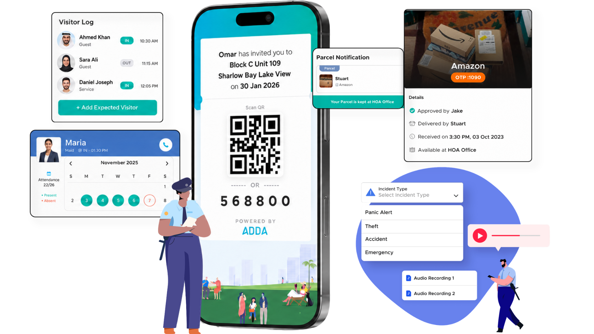 ADDA Gatekeeper showing visitor log, guest QR invite, parcel notification, domestic staff attendance, and incident reporting