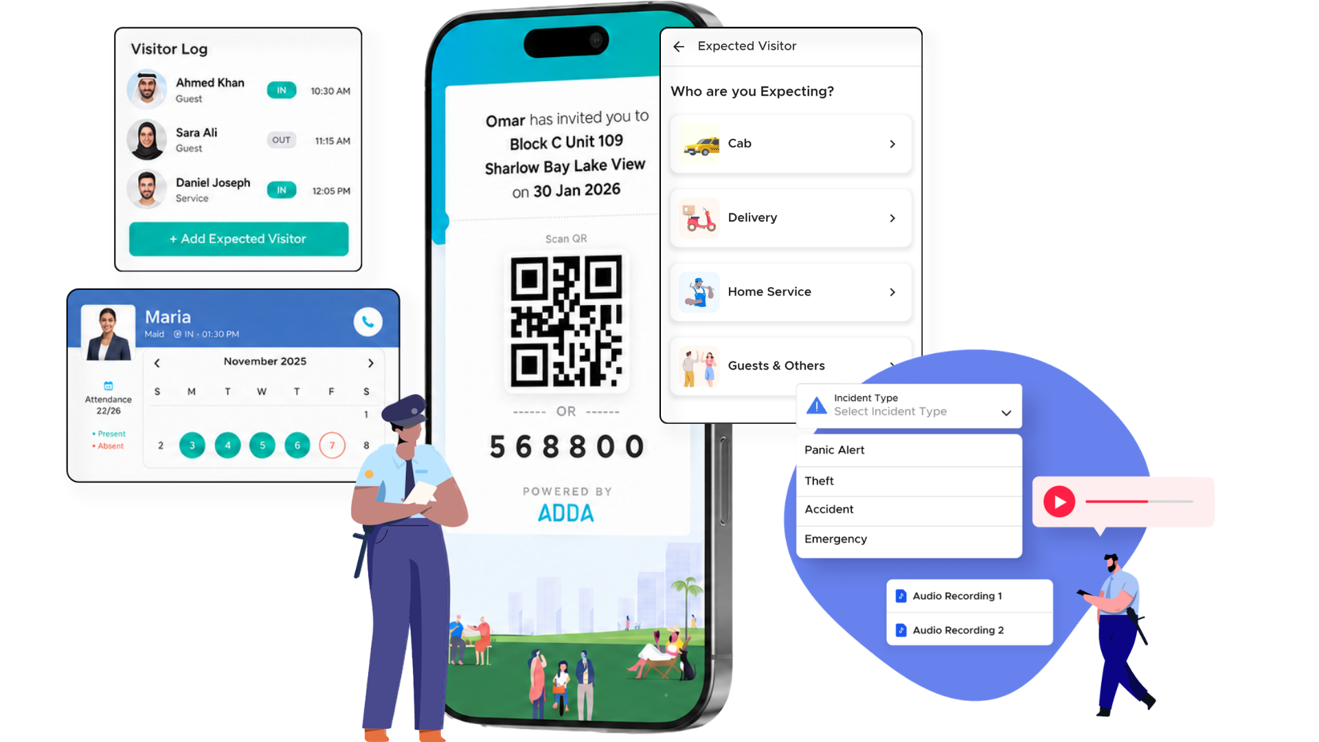ADDA Gatekeeper showing visitor log, guest QR invite, parcel notification, domestic staff attendance, and incident reporting
