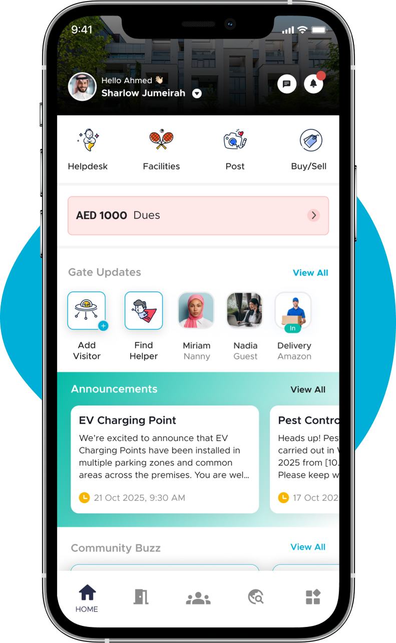 ADDA tenant mobile app showing Helpdesk, Facilities, Post, Buy/Sell, Dues, Gate Updates, Announcements and Community Buzz