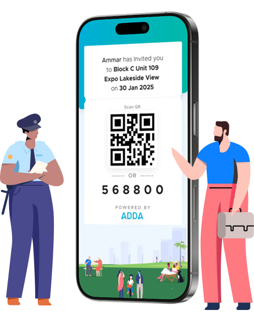 Visitor management mobile app showing QR code and entry code 568800 for secure guest access